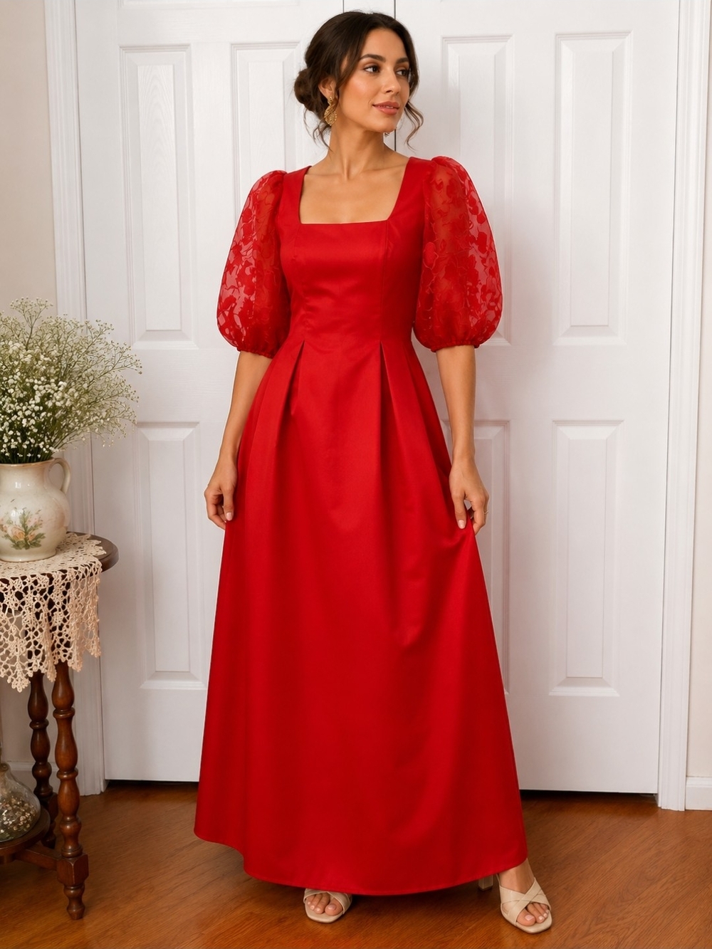 Richilene New York Red Puff Sleeve Maxi Dress Size 8 Romantic Bridgette